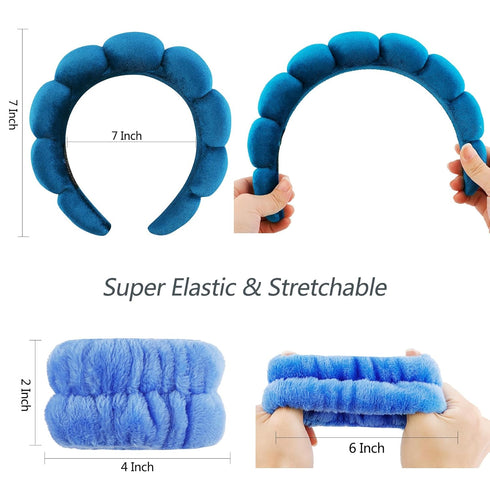 VELSCRUN 3 Pcs Spa Headband, Makeup Headband, Face Wash Headband, Skincare Headbands, Navy Blue Velvet Puffy Sponge Hair Band Bow Tie Bubble Spa H...