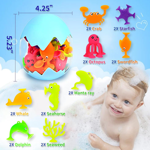 Suction Bath Toys for Kids, 18 Pcs Silicone Ocean Animal Suction Cup Toys with Eggshell & Bag, No Hole Mold Free Bath Toy, Sensory Window Building...