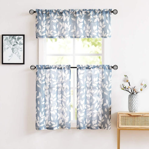 Treatmentex Blue Kitchen Tier Curtains 24" Short White Leaf Print Café Curtains for Small Windows 2 Panels...