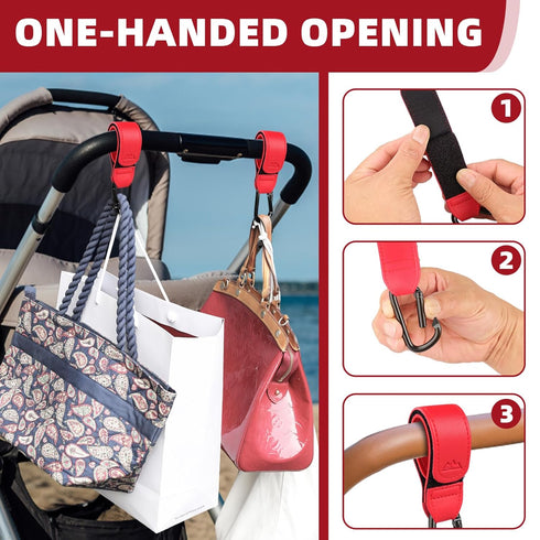 Baby Stroller Hooks Bag Hooks for Hanging Diaper Bags MultiPurpose Hooks for Grocery Shopping Bags Premium Vegan Leather Pram Straps 2 Pcs (red)...