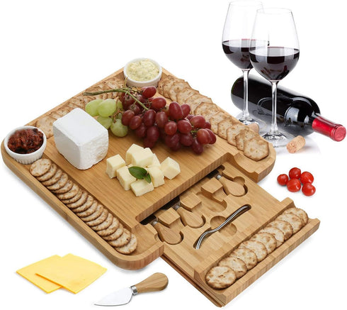 Bamboo Charcuterie Boards Cheese Board Set Premium Large Cheese Platter & Serving Tray 4 Stainless Steel Knife House Warming Gifts New Home Housew...