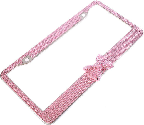 Fashion USA Universal Pink Frame W/Pink Bowtie Crystal License Plate Frames,Eclusive Bling License Plate Holder,Weather Proof Rhinestone License P...