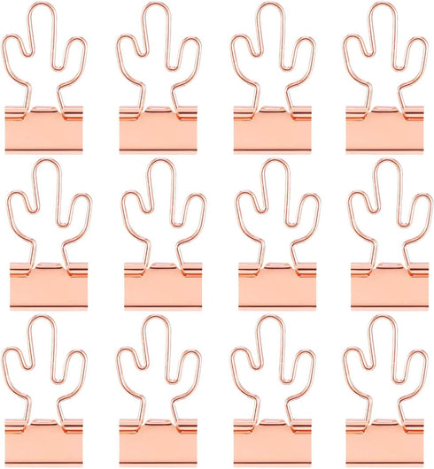 Cactus Binder Clips with Cute Rose Gold Medium Binder Clips in Acrylic Crystal Box for Office School and Home Supplies...