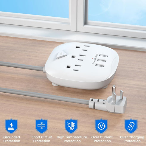 Power Strip 3 Outlets and 3 USB Ports with Switch Control, Desktop Charging Station with 5 ft Extension Cord, Compact for Nightstand, Office and T...