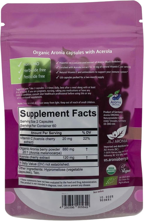 Aronia Original Organic Aronia Berry Capsules (120 Count) | 440 mg of 20:1 Aronia Powder & 60 mg Acerola Cherry Extract per Capsule | High in Vita...