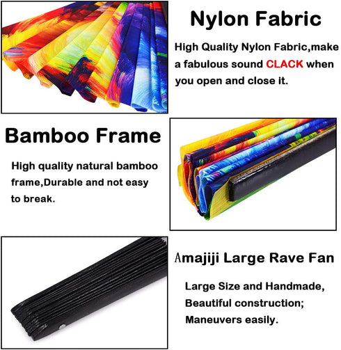 Amajiji Large Rave Folding Hand Fan for Men/Women, Chinease/Japanese Bamboo Hand Fan, Festival Accessories Performance Decoration Gift Dance Handh...