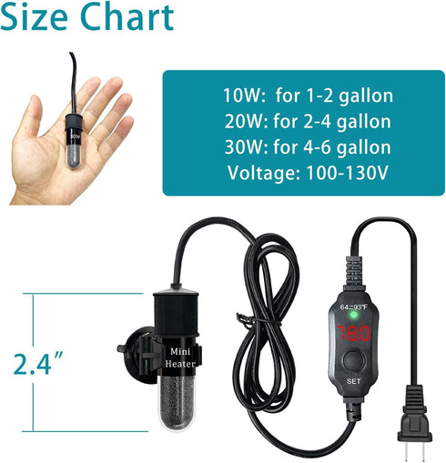 Mini Submersible Aquarium Heater, 10/20/25/50/100/150 Watts Adjustable Fish Tank Heater, Built-in Thermometer, External Temperature Controller, Sm...