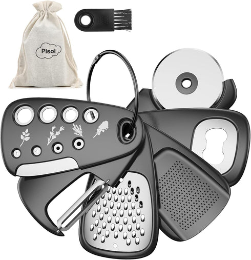 Kitchen Unique Gadgets Set 6 Pieces, Space Saving, Cheese Grater, Bottle Opener, Fruit Vegetable Peeler, Pizza Cutter, Garlic Ginger Grinder, Herb...