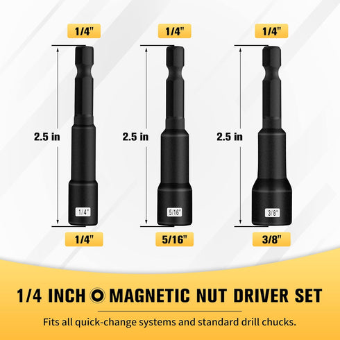 BOEN 1/4 inch Magnetic Nut Driver Set, 3 Piece Impact Drill Driver Bit Set, Size 1/4", 5/16", 3/8", Quick-Change Hex Shank SAE Nut Driver, Cr-V St...