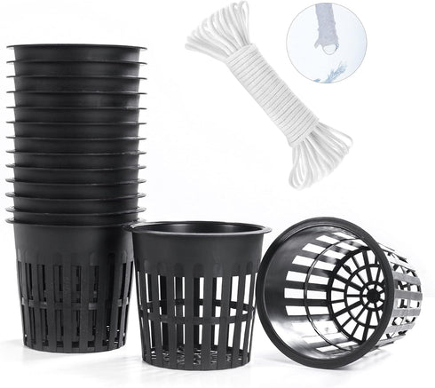 ORIMERC 15 Pack 4 inch Net Cup Pots with 15 feet Hydroponic Self Watering Wick for Aquaponics Buckets Insert Orchid Kratky Vegetable Garden Garden...