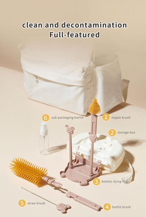 Bottle Brush Set-6 in 1 Baby Bottle Cleaner Set with Drying Rack,Silicone Baby Bottle Brush,Straw Brush,Nipple Brush,Soap Dispenser and Storage Bo...