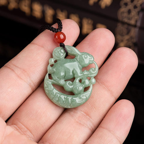 Wealth Rabbit Natural Green Jade Pendant Necklaces for Women Men, Fashion Rope Chain Amulet Hand-carved Good Luck Jewelry Choker Necklaces for Lov...