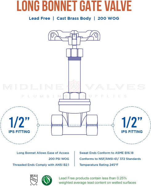 Everflow Supplies 44122-NL 1/2" Long Bonnet Gate Valve With Female Threaded IPS Connections...