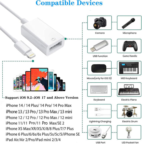 Lightning to USB Camera Adapter, USB 3.0 OTG Cable Adapter for iPhone 14 13 12 11 XS XR X SE 8 7 6 5 iPad/iPod to Connect Card Reader, U Disk, Key...