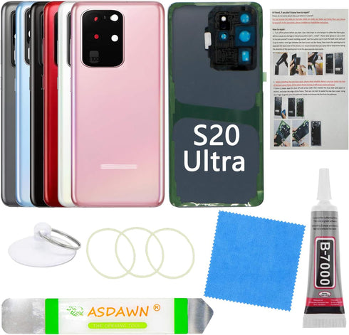 Galaxy S20 Ultra Rear Glass Replacement Back Cover w/Pre-Installed Camera Lens + All The Adhesive + Installation Manual + Tool Kit for Samsung Gal...
