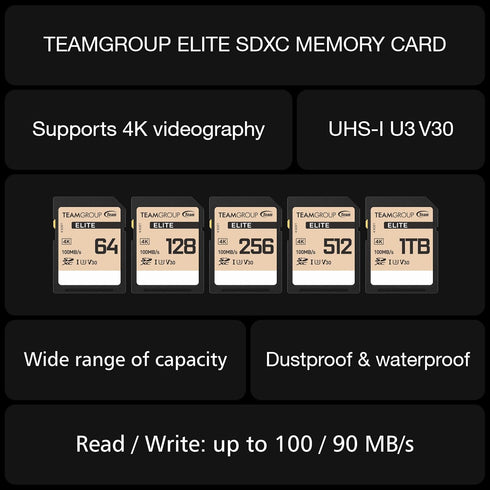 TEAMGROUP Elite 256GB UHS-I U3 V30 UHD Read Speed up to 100MB/s SDXC High Speed 4K Memory Card Compatible with Canon Sony Nikon Panasonic FUJIFILM...