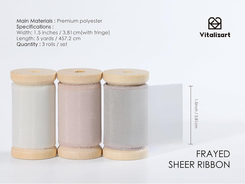 Vitalizart Frayed Sheer Ribbon Set 1 1/2 Inch Organza Silk Ribbons for Gift Wrapping Flower Bouquet Wedding Invitations Bridal Shower Party Decor ...