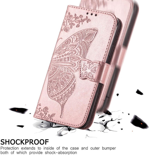 for iPhone 12 Pro/iPhone 12 Wallet Case,Women Flip Folio Cover with Butterfly Embossed PU Leather Kickstand Credit Card Holder Slots Wrist Strap f...