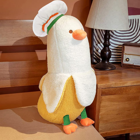 PEACH CAT Cute Banana Duck Stuffed Animal Long Banana Chef Duck Plush Pillow for Girls and Boys White 12"...