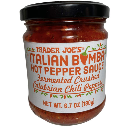 Trader Joe's Italian Bomba Hot Pepper Sauce Fermented Crushed Calabrian Chili Peppers 6.7 oz...