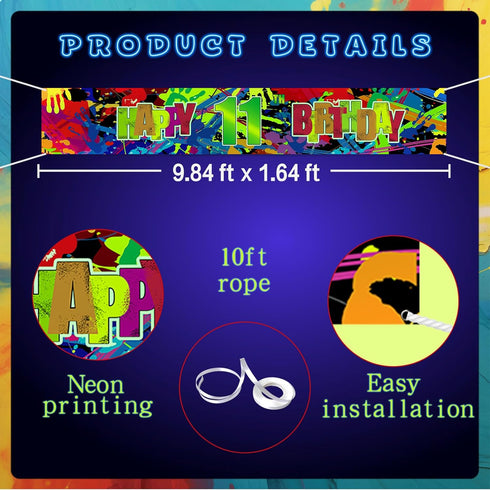 Colorful Neon Graffiti Happy 11th Birthday Banner, Glow in the Dark 11th Birthday Yard Banner Sign, Splash Paint Polyester Children Kids Eleven Ye...