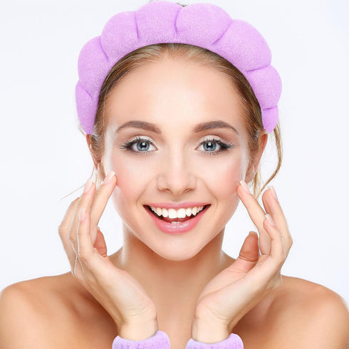 YISSION Purple Spa Headband & Wristband Set Skincare Headband & Wrist Bands for Washing Face Makeup Silk Hair Scrunchies Flower Hair Claw Clips Sp...