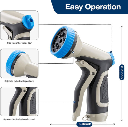 Garden Hose Nozzle - Heavy Duty Metal Water Hose Nozzle, High Pressure Water Nozzle with 8 Adjustable Spray Patterns for Watering Plants, Lawn, Wa...
