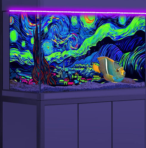48X24IN Blacklight Vincent Van Gogh Black Light Aquarium Background, UV Fish Tank Background Art Star Oil Painting Terrarium Background with 10 EV...