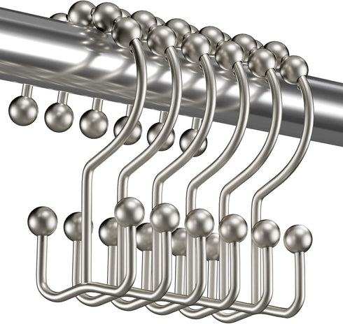 Titanker Shower Curtain Hooks Rings, Rust-Resistant Metal Double Glide Shower Hooks for Bathroom Shower Rods Curtains, Set of 12 Hooks - Matte Nic...