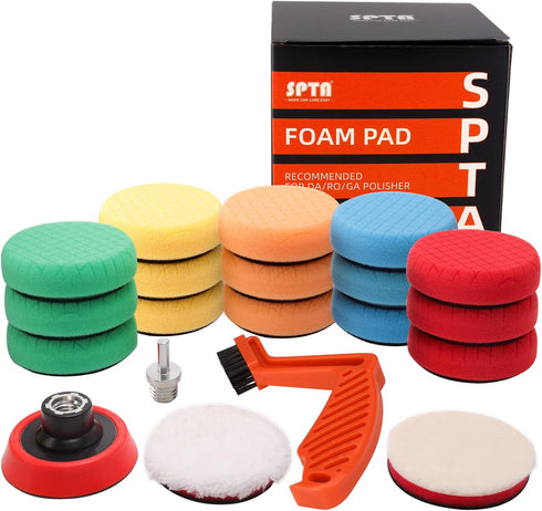 SPTA Drill Polishing Pads Kit, 20pcs 3inch (80mm) Car Foam Polishing Buffing Pads, Wool Pads, Multifunctional Cleaning Brush, Backing Plate for Ca...