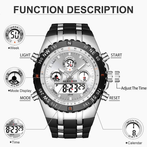 GOLDEN HOUR Luxury Military Sports Men's Watches Large Size Big Face 3ATM Waterproof, Stopwatch, Date and Date, Alarm, Luminous Digital Analog Wri...