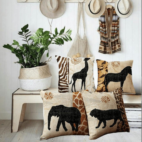 VENUSL Set of 4,African Animals,Giraffe,Elephant,Horse,Leopard with Zebra Pattern & Leopard Pattern Decorative Throw Pillow Covers,One-Side Printe...