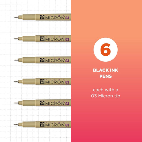 SAKURA Pigma Micron Fineliner Pens - Archival Black Ink Pens - Pens for Writing, Drawing, or Journaling - Black Ink - 03 Point Size - 6 Pack...