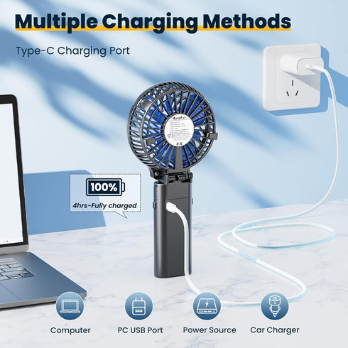 HandFan 5200mAh Portable Handheld Fan Rechargeable with Power Bank-3 Speeds Foldable Personal Cooling, 2-IN-1 Hand Held Fan Battery Operated, 20H ...