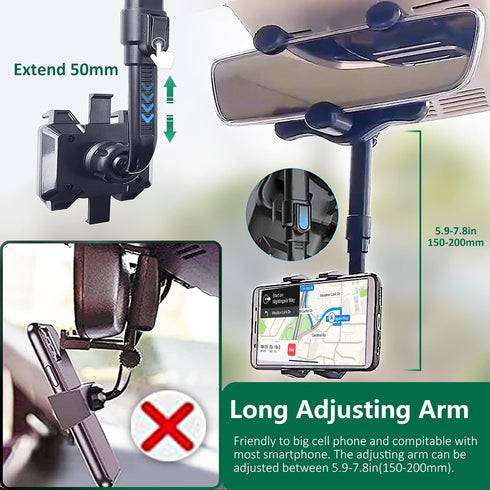 PKYAA Rearview Mirror Phone Holder for Car, 360° Rotating Rear View Mount with Adjustable Arm Length, Multifunctional and GPS Universal Car All Sm...