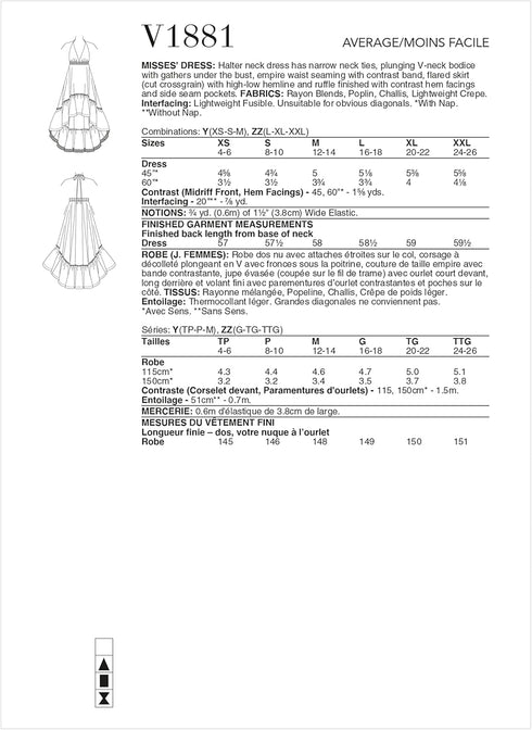 Vogue Misses' Halter Neck Dress Sewing Pattern Kit, Design Code V1881, Sizes L-XL-2XL...