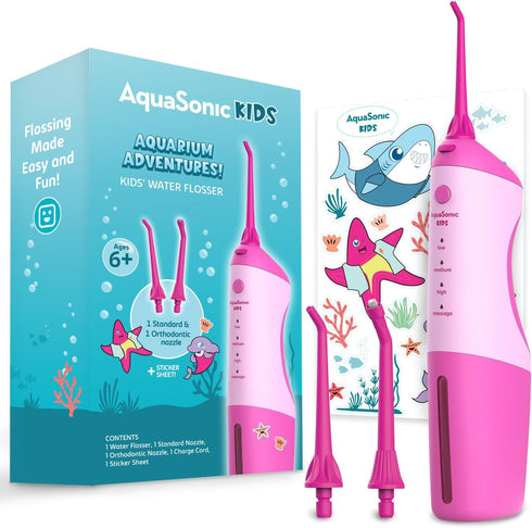 AquaSonic Kids' Water Flosser for Ages 6+ | Standard Nozzle, Orthodontic Nozzle & Waterproof Stickers | 4 Flossing Modes | Aquarium Adventures The...