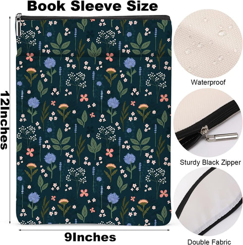 Wildflower Pattern Book Lovers Gifts Waterproof Book Sleeve Book Pouch Book Protector with Zipper and Front Pocket BookCover Case for Women Girl R...