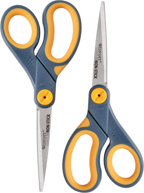 Westcott 8" Straight Titanium Bonded Non-Stick Scissors with Adjustable Glide Feature 2 Pack (16550), Grey/Yellow...