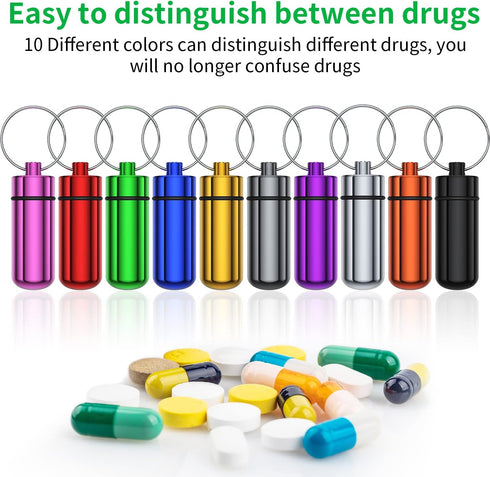 Small Portable Pill Case with Keychain(10 Pack), Urekt Waterproof Aluminum Pill Organizer Metal Mini Box Pocket Drug Storage Container for Outdoor...