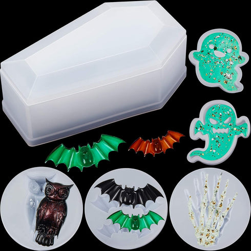 WILLBOND 6 Pieces Halloween Resin Coffin Molds Include Coffin Box Bat Silicone Owl Casting Skull Hands Ghost Shape Resin Mold Set for Halloween DI...