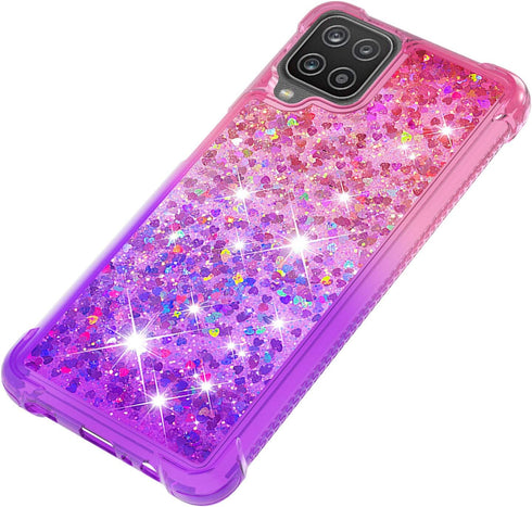 for Samsung Galaxy A12 Case with Tempered Glass Screen Protector,Women Girls Glitter Bling Floating Liquid Cute Soft TPU Shockproof Protective Pho...