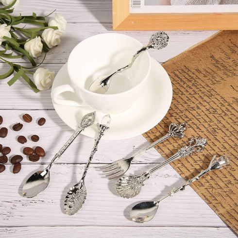 Fdit 6Pcs/Set Vintage Carved Coffee Spoon Teaspoon Retro Zinc Alloy Dessert Coffee Tableware Spoons Cutlery Kitchen(Silver)...