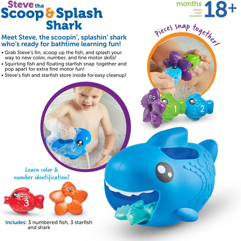 Learning Resources Steve The Scoop & Splash Shark, 7 Pieces, Ages 18 Months+, Toddler Learning Toys, Baby Toys ,Toddler Bathtub,Pool Toys, Water T...