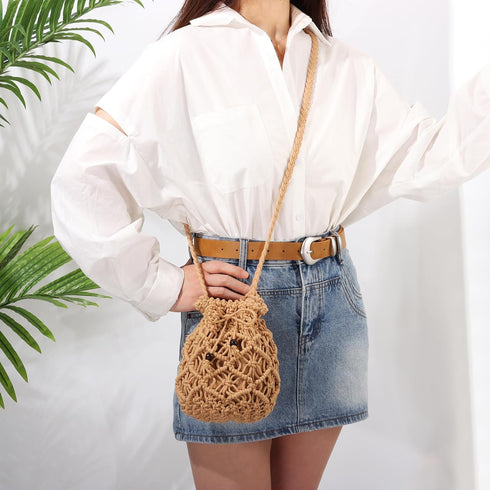 Ovida Crochet Mini Bucket Bag Purse Summer Woven Beach Shoulder Bag Drawstring Closure Crossbody Bag Handmade Hobo Bag...