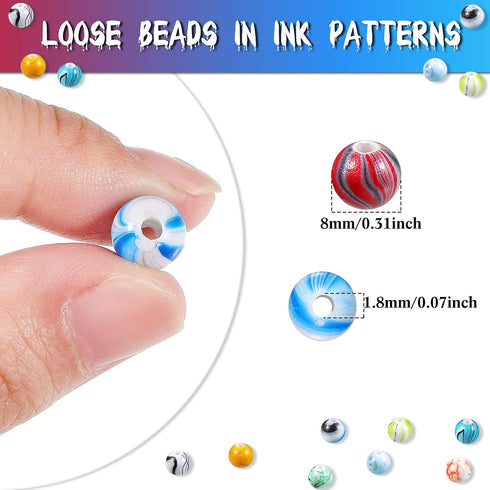 Hicarer 500 Pcs 8 mm Beads Bulk Acrylic Craft Beads for Jewelry Making Small Ink Pattern Crafts for Bracelet and Necklaces Women Supplies, Multico...