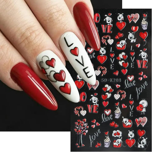Valentine's Day Nail Art Stickers 5D Embossed Red Heart Nail Decals Red Love Mail Cute Cartoon Dog Bear Valentine Nail Designs Sticker Relief Nail...