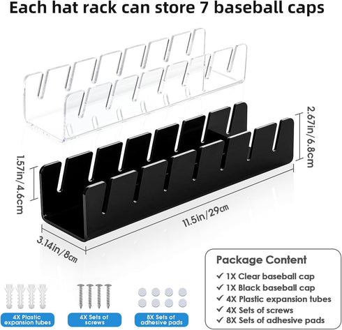 2Pcs Hat Stand for Baseball Caps,No Install Acrylic Hat Organizer, Hat Rack for 14 Caps, hat organizer for baseball caps,Display and Organizer for...