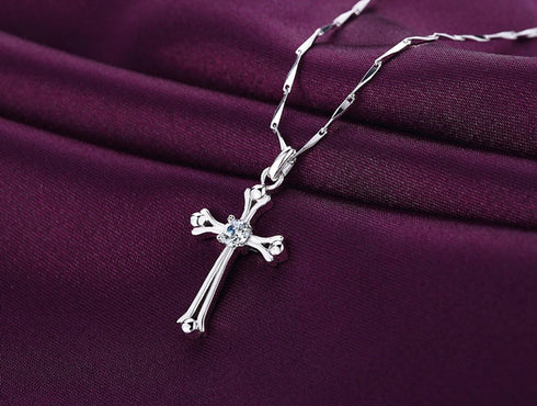 925 Sterling Silver Inlaid Crystal Cubic Zirconia Cross Pendant Necklace...