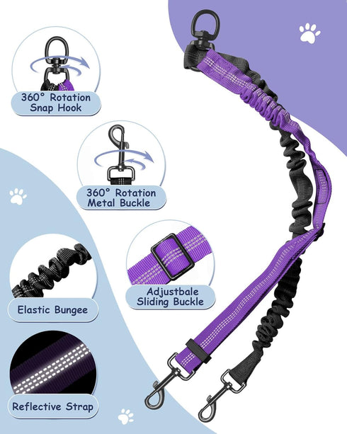 Vastar Pet Double Dog Leash, Tangle Free Bungee Dog Leash Coupler, 360° Swivel Double Dog Walking & Training Leash, Adjustable Strap, Comfortable ...